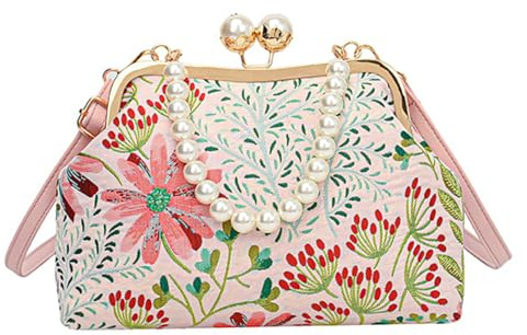 Bolso de mano vintage bordado de flores con cadena de perlas, estilo tradicional, bolso de hombro casual para mujer, estilo tradicional, a