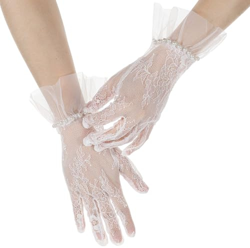 APLZGMG Women Lace Gloves Elegant Wedding Gloves Short Tea Party Glove Courtesy Glove for Opera Evening Wedding Tea Party Prom 1920s (White)