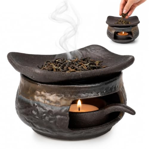 Cedar Zen Herb Burner, Ceramic Aromatherapy Stove Essential Oil Burner, Incense Bowl Kit for Any Incense, Tea Light Candle Holders Teapot for Home Office, Warmer, Meditation