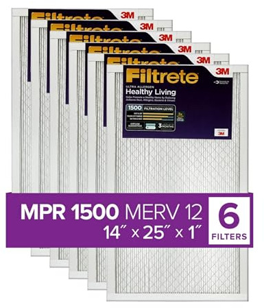Filtrete 14x25x1 AC Furnace Air Filter, MERV 12, MPR 1500, CERTIFIED asthma & allergy friendly, 3 Month Pleated 1-Inch Electrostatic Air Cleaning Filter, 6-Pack (Actual Size 13.81x24.81x0.78 in)