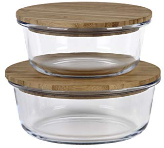 Cofan Set de 2 Boîtes à Lunch Rondes en Borosilicate | Modèle Bambú | Couvercle en Bambou | Contenance 620-950 ml