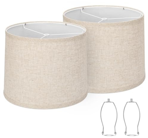 Lampshades Set of 2, Drum Lampshades 11.6 Top x 12.6 Bottom x 9.8 High, Seaside village Medium Lampshades (Spider Fitter), Beige Lampshades Natural Linen Hand Crafted, Easy Assembly Required
