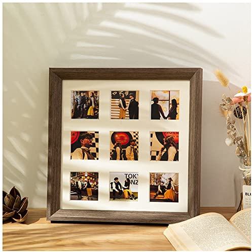 Trä fyrkantiga bildramar collage för 9 foton 5,5 x 5,5 cm/9 x 9 cm, väggmonterad, flera familjefoton, för heminredning eller vardagsrum trappdekoration, 37,3 cm (14,6 tum), C-vintage