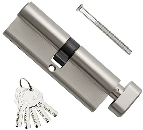 Bwintech 1 Stück 45T/45mm Euro Messingzylinder, 90mm Knauf/Schlüssel zylinderschloss mit 5 horizontalen Messingschlüsseln,Anti Picking,Anti Bohr,Anti Snap,Anti Bumping, Satin Nickel Finish