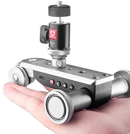 HYQNG Caméra Slider Video Auto Dolly, 3-Wheels Time Lapse Electric Motorized Dolly Car avec 5 Niveaux de Vitesse Réglable, pour Caméra Téléphone Caméscope (Argent)