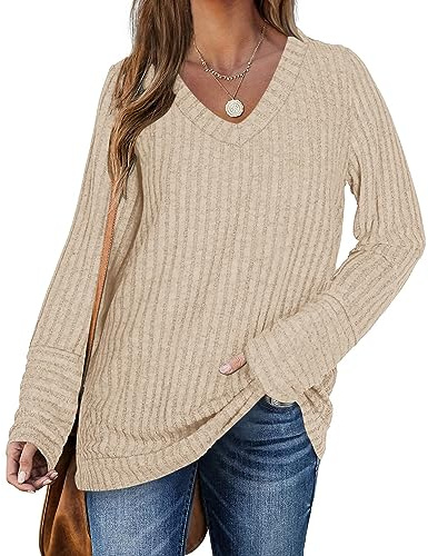 PLOKNRD Sweatshirt Femme Col en V Pulls à Manches Longues Décontractés Top Léger et Lâche Classique(Abricot,XXL)