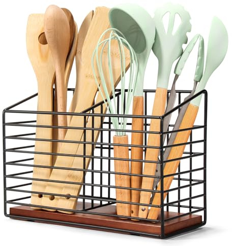THYGIFTREE Kitchen Organizer for Counter - Large Black Metal Cooking Utensil Holder with Wooden Base - Modern Farmhouse Utensil Caddy