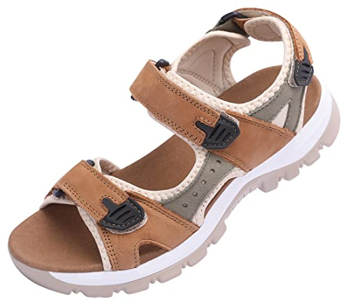 Harssidanzar Sandali sportivi estivi da donna Sandali in pelle Sandali sportivi all'aperto SL256EU,Cammello Grigio,Taglia 39