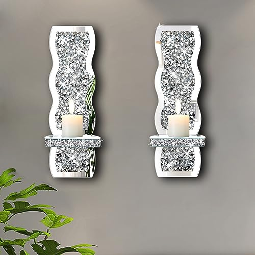 ZOLAPI Juego de 2 candelabros de Cristal aplastado, Hermoso Aplique de Pared Plateado con Espejo, portavelas Irregular con patrón de Ondas, decoración de Pared de Cristal para decoración del hogar,