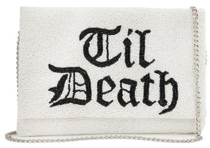 Pretty Robes TIL DEATH Beaded Clutch Purse for Wedding Day for Bachelorette Party, Bridal Shower & Engagement Gifts for Bride To Be (White)