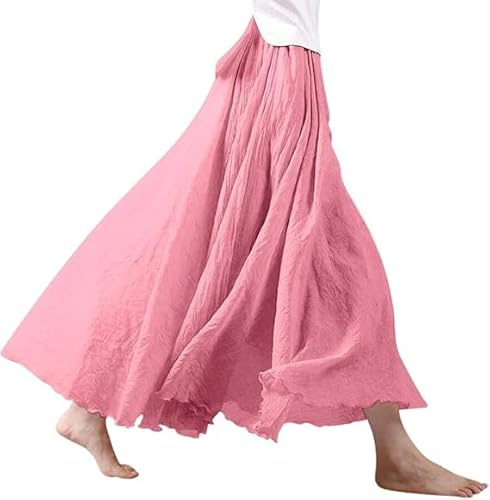 Jupe longue plissée en lin pour femme - En coton et lin - Style bohème - Couleur unie - Pour les loisirs