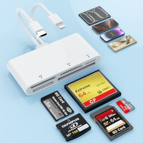 Lecteur de Cartes SD Mémoire 5 en 2 USB C + Lightning Adaptateur Carte pour Cartes SD, CF, XD, Micro SD, MS, Type C SD Card Reader Adaptateur Hubs pour iPhone 16 15/iPad/MacBook/Samsung S25 S24 S23