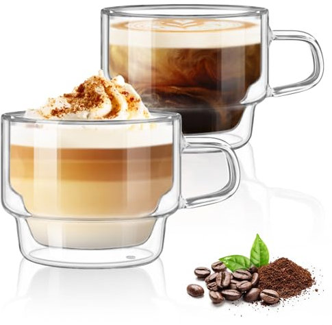 glastal 350ml Taza de Café de Cristal Juego de 2 Apilable Vasos de Doble Pared con Asa, Tazas de Vidrio para Latte Macchiato, Cappuccino, Leche Tazas de Té Regalo de Cumpleaños Para Padres Amigo