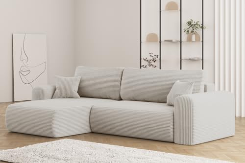 Friderik Capri L hörnsoffa – 272 cm bäddsoffa med sänglåda och sovfunktion, poso-tyg, vardagsrum, vänster, 4-sits, beige, Poso 100