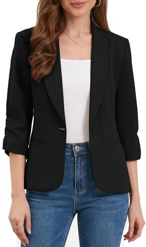 Allegra K Blazer De Trabajo para Mujer Solapa Chal Mangas 3/4 Bolsillo Un Botón Americana Corta De Oficina Negro M