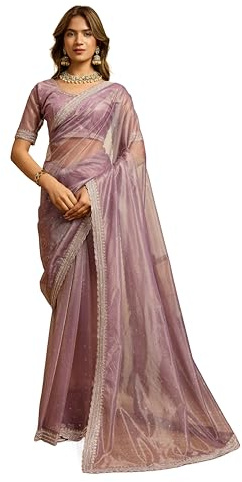 Svayi Women’s Net Gold Siroski Stone Embroidery Border work Saree for Wedding Festive Party Style Sari with Blouse Piece (SR1260-LightPurple)