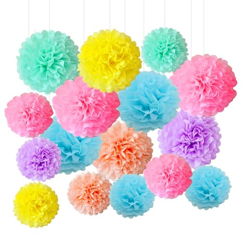 16 Pompones de Papel de Seda 25cm/20cm Decoración para Fiestas Multicolor Fácil de Colgar y Montar Ideal para Bodas, Bautizos, Cumpleaños, Diseño Creativo, Comunion y Baby Shower (Crear Ambiente)