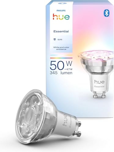 Philips Hue Essential Smart LED GU10 (Confezione da 1), Lampadina smart con luce bianca e colorata, Lampadina intelligente 4.7 W, Luce smart compatibile con Alexa, Google Assistant e Apple Home
