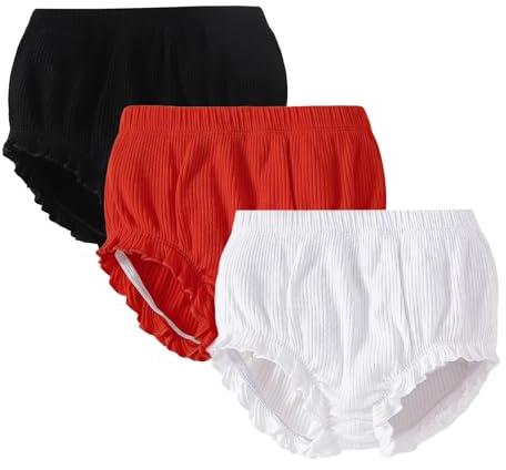 SOBOWO 3-Pack Bloomers for Baby Girls Diaper Covers Ribbed Ruffle Solid Triangle Baby Girl Shorts Summer Toddler Underwear(Black/Red/White-1, 9-12 Months)