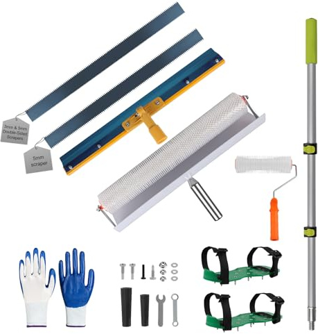 EXLECO 11pcs Kit de Autonivelación Microcemento con Protección, Rodillo de Púas Autonivelante, 3&5CM Doble Cara Rascador Acero Inoxidable, Zapatos con Pinchos para Cesped, Pertiga Telescopica