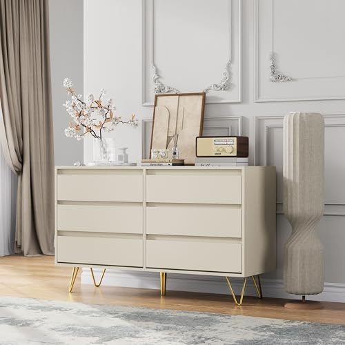 Nera 6 Drawer Chest of Drawers W120 x D40 x H71.5cm Bedroom Drawer Dresser Storage Cabinet for Bedroom Living Guest Room Hallway Furniture (Cream)