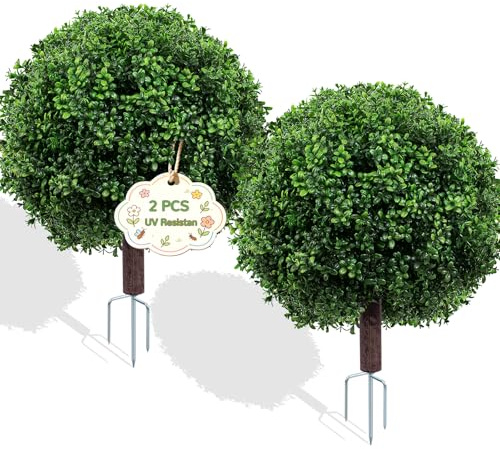Griine 27.5 Artificial Boxwood Topiary Ball Trees for Outdoors, 2 Pack Faux Boxwood Topiary Bush with Metal Spike UV Resistant Realistic Evergreen for Front Porch, Garden, Yard & Balcony Decor