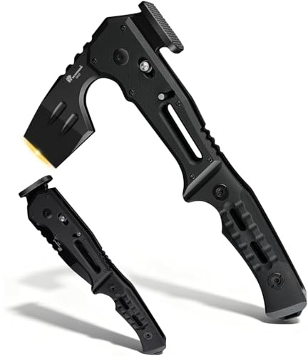 HX OUTDOORS Hacha Táctica Plegable Multiherramienta de Supervivencia, Hoja de Acero DC53 con Titanio Negro, Hacha de Camping con Martillo y Abrebotellas, Hacha Plegable con Mango G10