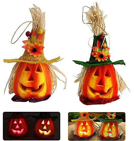 TSLBW 2 Pezzi Zucca Lampeggiante Lanterna di Schiuma di Halloween Jack Zucca Lanterna Lampeggiante Light Up Decorazione Casa Stregata Puntelli Decorativi Forniture per Feste di Halloween (A)