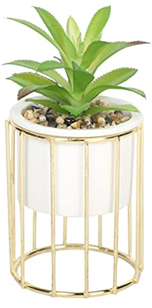 Sleepdown Halo Green Leaf Gold Cage Stand Artificial Faux Plant for Home Office Bathroom Decor Indoor Decoration Aesthetics, Small
