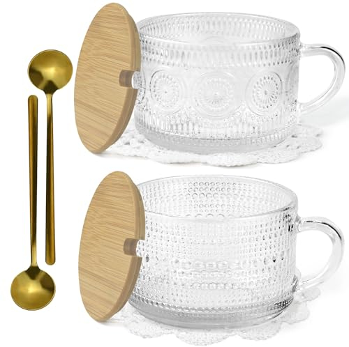2Pcs Coffee Mugs with Lids & Spoon, 14 Oz Vintage Tea Cup Coffee Mug Set Clear Embossed Glass Drinking Tea & Coffee Cups with Coaster Stackable Tea Mugs for Afternoon Tea Latte Cereal Yogurt Milk
