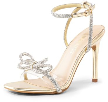 DREAM PAIRS Women's Double Bowknots Crystal Sandals Clear Slingback Heels Square Toe Shoes for Party Wedding Brielle,Size 9,Gold-Pu,SDHS2389W