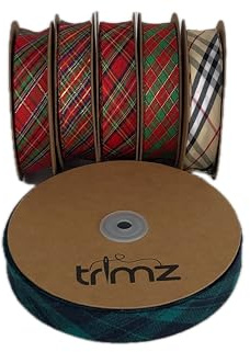 Trimz Tartan Bias Binding Tape, 25mm x 20m Reel – Red, Green, Blue & Yellow Plaid Trim for Sewing and Crafts