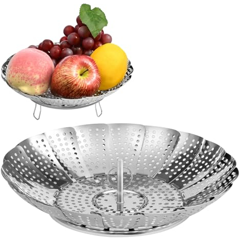 Vicloon Cesta Vaporera Plegable de Acero Inoxidable, 27cm Cesta Plegable Vaporera con Asa Extraíble,Vaporizador de Verduras Plegable de Acero Inoxidable para Cocinar Todo Tipo De Alimentos