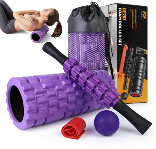 5 in 1 Foam Roller Set for Deep Tissue Muscle Massage, High Density Trigger Point Fitness Patented Exercise Foam Roller, Massage Roller, Massage Ball, Resistance Band, for Whole Body(Purple)