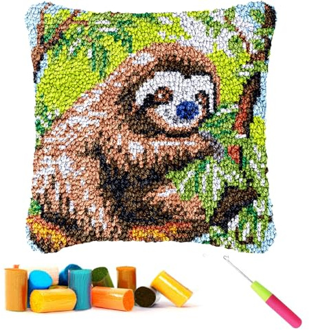 CCWORAN Sloth Latch Hook Kits for Adults Beginners Cushion Craft Kits Animal Pillow Cover Making Crochet Pre Printed Canvas Wool Yarn Hobbies DIY Sofa Home Decor Women Gift 2