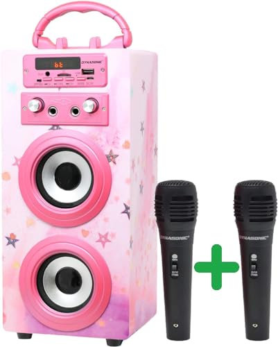 Máquina de Karaoke Portátil DYNASONIC, 2 Micrófonos, Altavoz Bluetooth, Luces, Lector USB y SD (025-15)