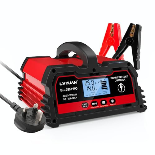 25 Amp Autobatterieladegerät, 12 V/24 V, 12 A/25 A, intelligentes Erhaltungsladegerät, 12 V LiFePO4 Batterieladegerät mit LCD-Display-Ladegerät für 12 V/24 V Auto/Motorradbatterie