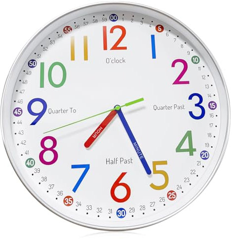 GBKDQQ Orologio da parete per bambini, senza ticchettio, 30 cm, orologio da parete per bambini, silenzioso, con numeri colorati, per ragazze e ragazzi