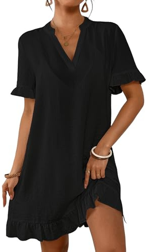 Bsubseach V Neck Flowy Ruffle Sleeve Beach Cover Up Dresses Black L