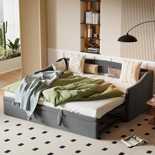 Yeutre Canapé lit 2 Places 90/180 x 200 cm, Canape Lit Convertible Extensible avec sommier à Lattes, Lits gigogne, Tissu Velours, sans Matelas (Gris 2)