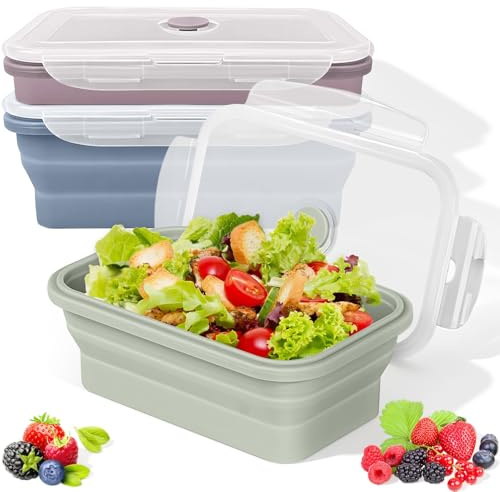 3 Pcs Contenitori Alimenti Pieghevoli 550ml con Coperchio, Pranzo Pieghevole in Silicone, Scatola Conservazione Degli Alimenti, Contenitore Alimentare Portatile per Campeggio, Picnic, Ufficio, Cucina