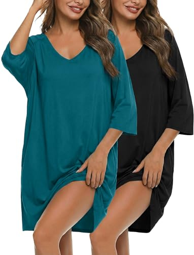 Bresdk 2er Camisón para Mujer Oversize de Manga Corta en Algodón con Escote en V - Tallas Grandes para Dormir en Casa
