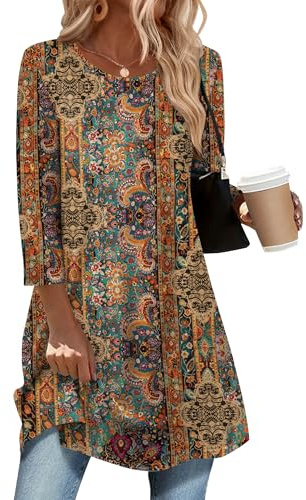 Zeagoo Womens 3/4 Sleeve Tops Casual Tunic Blouses Elegant Crew Neck Shirts | Ladies Floral Top Basic Longline Blouse S-3XL