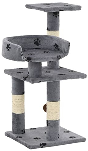 Mangloder Arbre à chat avec colonnes en sisal - 65 cm - Motif pattes grises - Structure en peluche et panneaux de particules - Avec balle de jeu suspendue - Plateformes - Grotte pour escalade, gratter