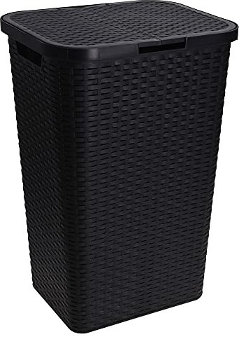 60L Large Plastic Rattan Style Laundry Clothes Storage Washing Bin Basket Hamper (Black)