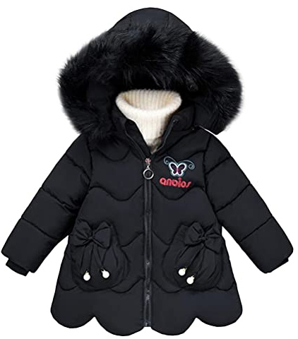 Nemopter - Piumino per Bambina, Cappotto Imbottito con Cappuccio e Pelliccia, Giacca Invernale per Ragazza, Giubbotto Spesso Caldo, Antivento, Nero , 2-3 Anni