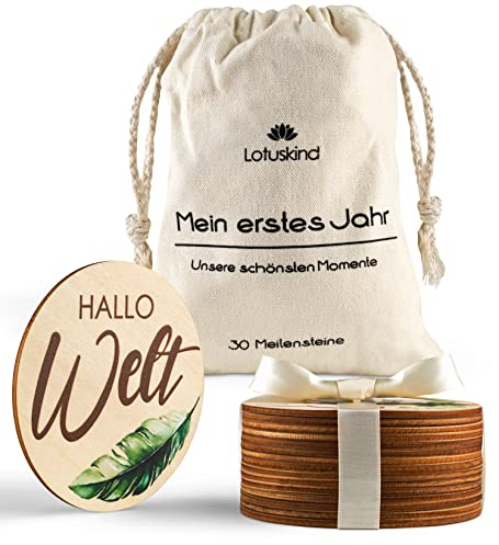 Lotuskind® Meilensteinkarten Baby Holz für Junge und Mädchen - (⌀ 10 cm x 3 mm) - niedliche Baby Meilensteinkarten aus 100% echtem Lindenholz - Holz Meilensteinkarten Baby - ideal als Geschenk