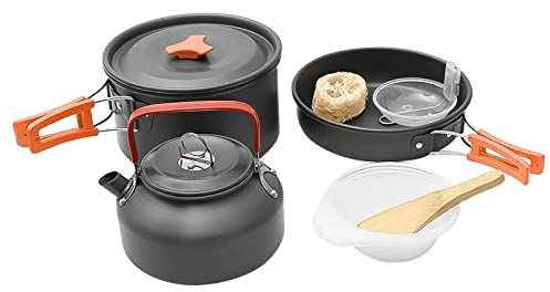 Grafner Premium Camping Kochgeschirr Set 11-teilig, stabiles Aluminium mit Antihaftbeschichtung, klein und leicht, klappbare Griffe, mit Kochtopf Pfanne Kanne UVM Picknick Kochtopf Outdoor Zelten LKW