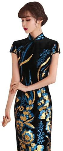 Long Cheongsam Young Girl 2023 Nuovo Stile Cinese Migliorato Retro Qipao Abiti da Sposa Eleganti for Le Donne (Color : Black, Size : S)