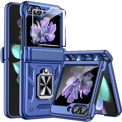 Fewdew Cover per Samsung Z Flip 5,Cover Z Flip 5 con Cerniera Protezione e Protezione Dello Schermo Anteriore,360°Rotante Anello Supporto,Antiurto Militare Custodia per Galaxy Z Flip 5,Blu